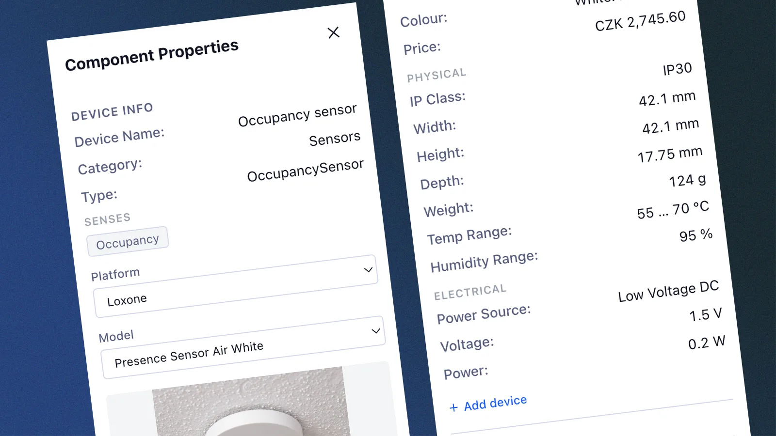 Component catalog, a searchable list of smart home components with technical specifications
