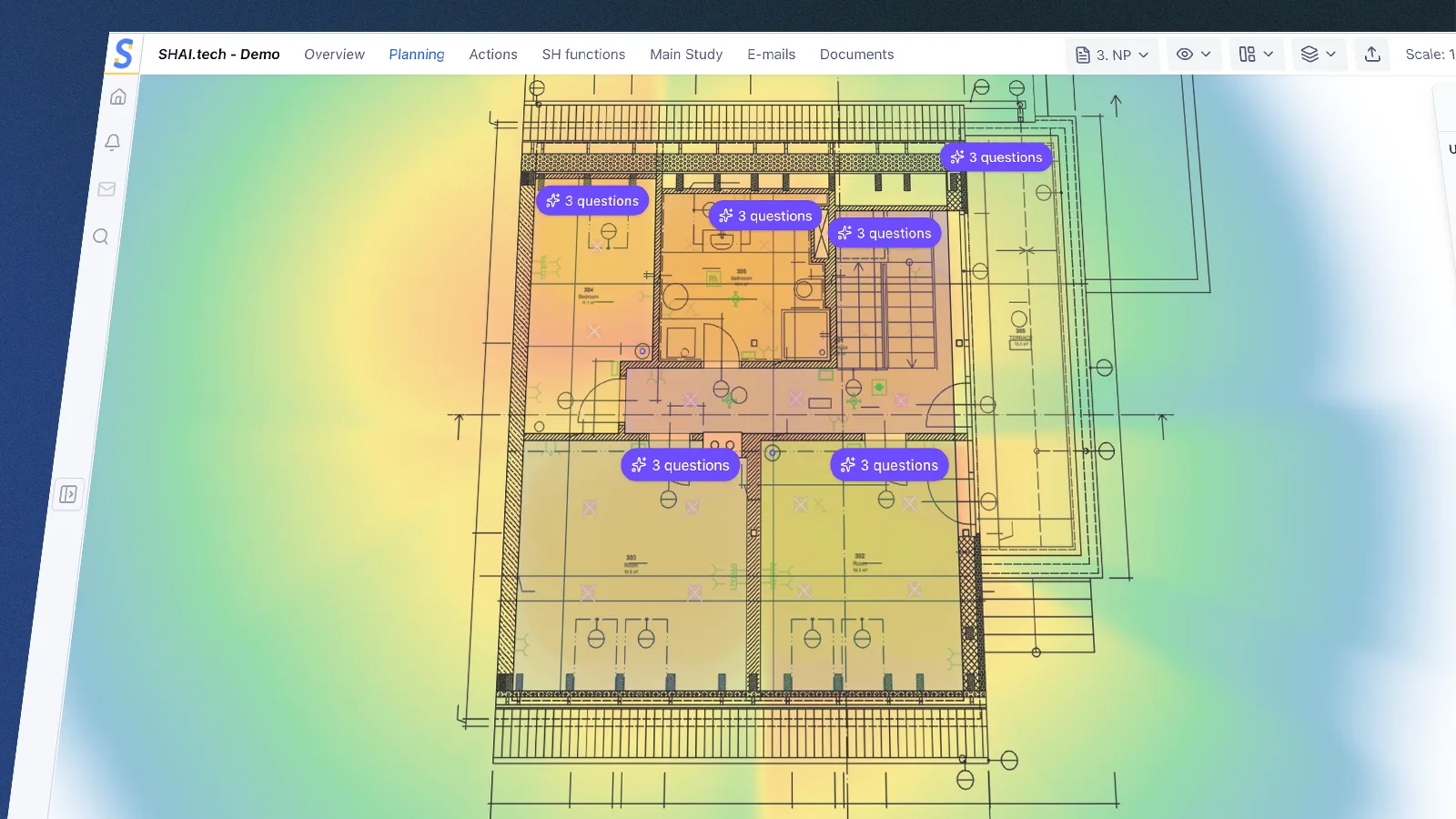 Floor plan with a heatmap of sensor coverage or lighting intensity
