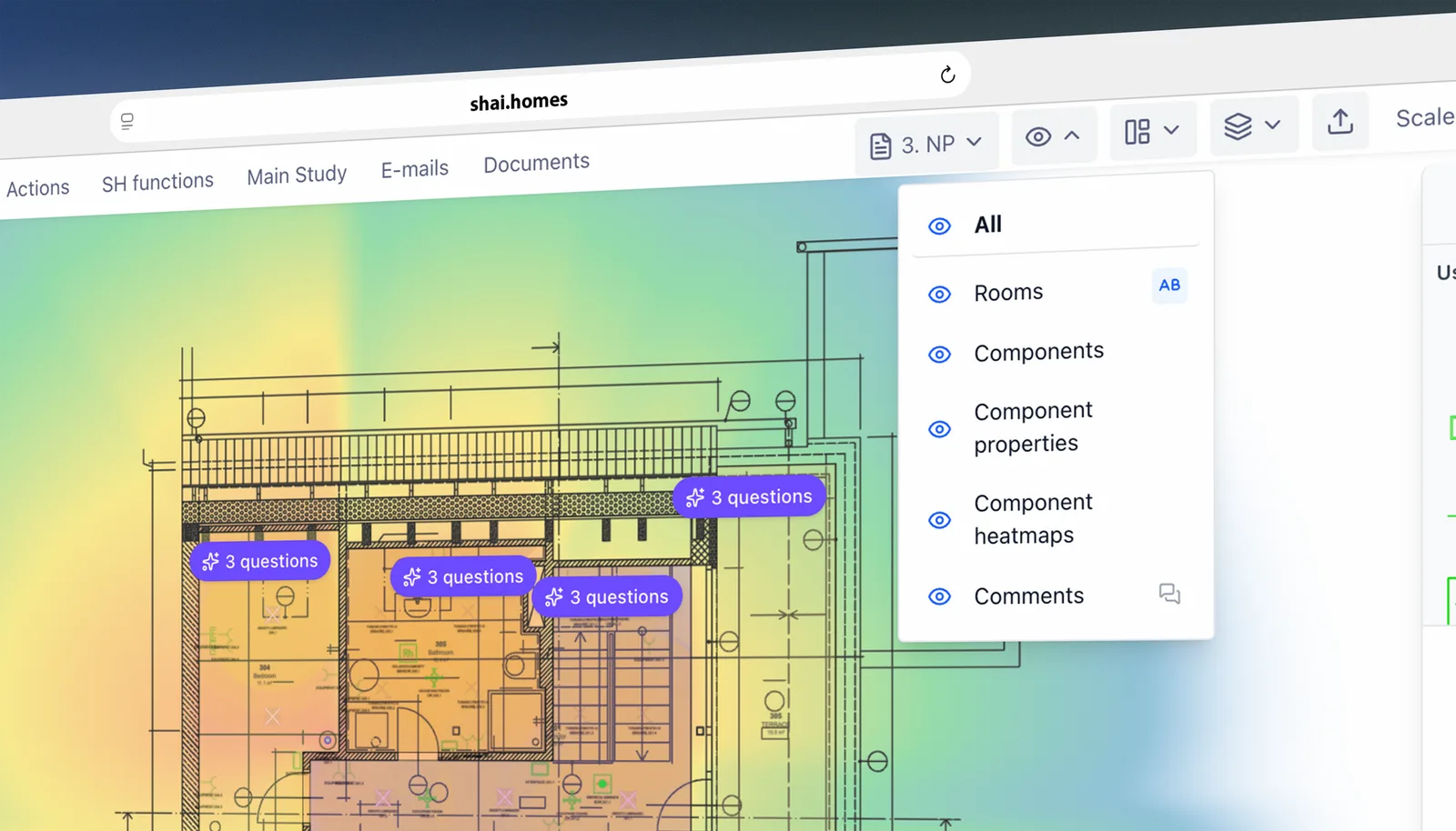 Screenshot: imported drawing as an editable Studio canvas with layers and rooms
