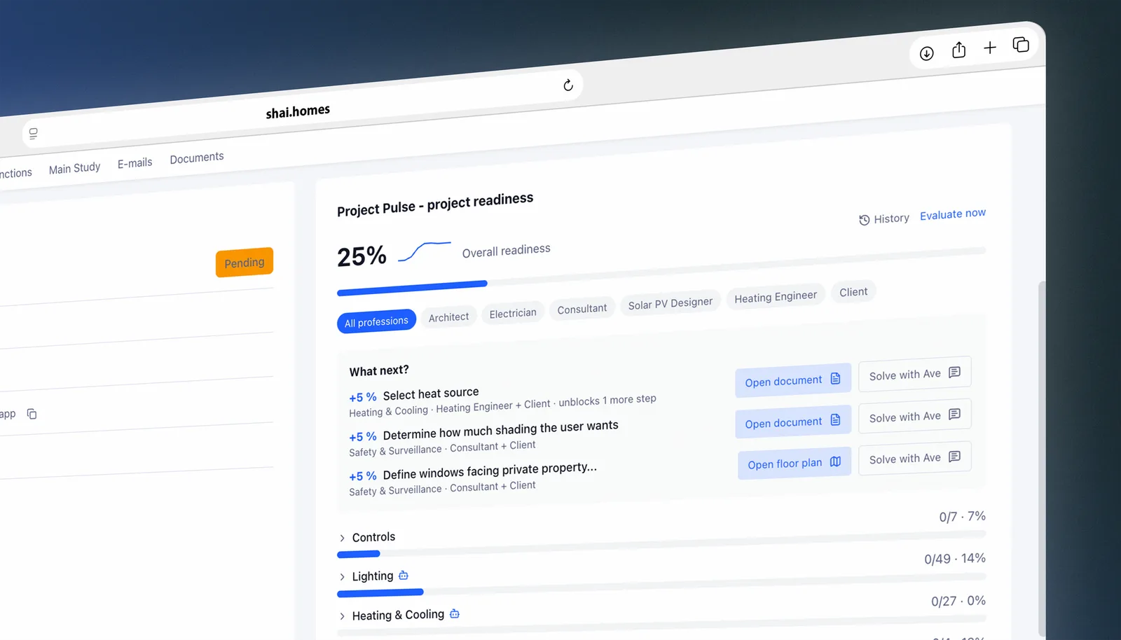 Screenshot: Project Pulse, project status, tasks and recommended next steps